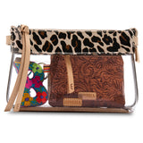 A clear plastic zippered travel pouch with a leopard print top band and beige wrist strap, shown on a white background. Inside are two brown embossed leather accessories: a floral wallet and a small multicolor guitar-shaped card holder.