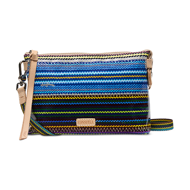 Multicolored striped pouch with a strap on a white background
