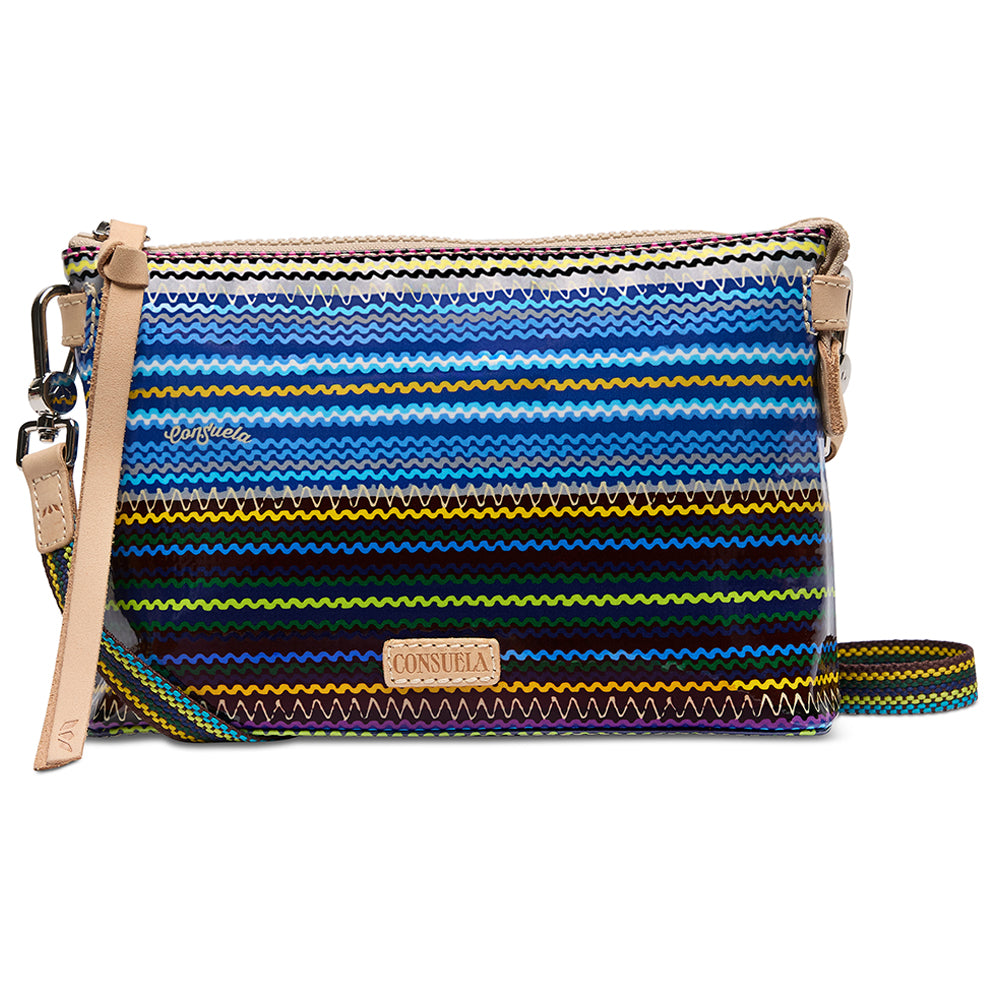 Multicolored striped crossbody bag with a visible brand logo on a white background
