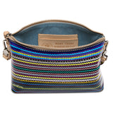 Multicolored striped bag with a visible brand label on a white background