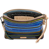 Striped pouch with visible brand name on a white background