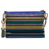 Multicolored striped crossbody bag with a strap on a white background