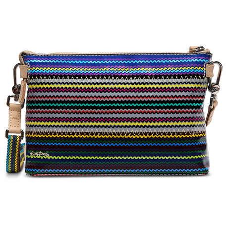 Multicolored striped crossbody bag with a strap on a white background