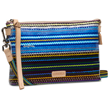 Multicolored striped pouch with a strap on a white background