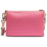 Pink woven handbag with a strap on a white background