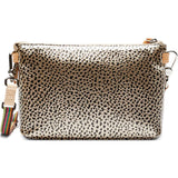 Leopard print clutch bag with colorful strap on a white background