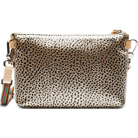 Leopard print clutch bag with colorful strap on a white background