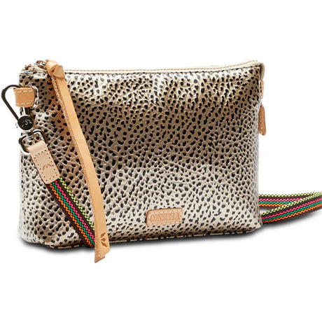 Leopard print clutch bag with a strap on a white background