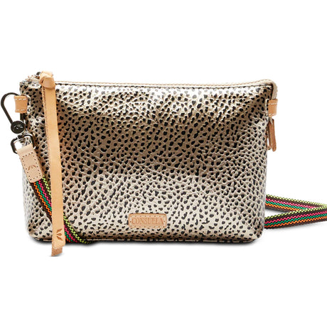 Leopard print handbag with a strap on a white background