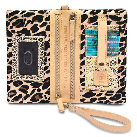 Leopard print wallet with card slots and wrist strap on a white background