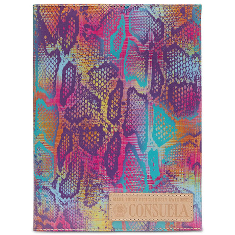Colorful patterned notebook with a brand label on a white background