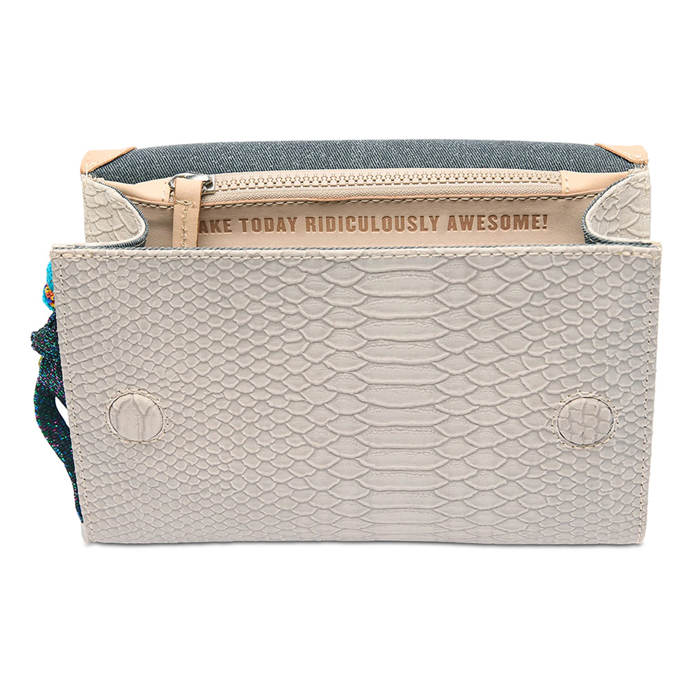Beige textured pouch with a motivational quote on a white background