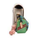 Crossbody with colorful rope and leather elements attached to a beige leather pouch on a white background