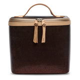 Brown travel case with beige zipper and handle on a white background