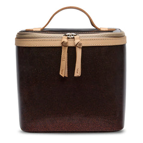 Brown travel case with beige zipper and handle on a white background