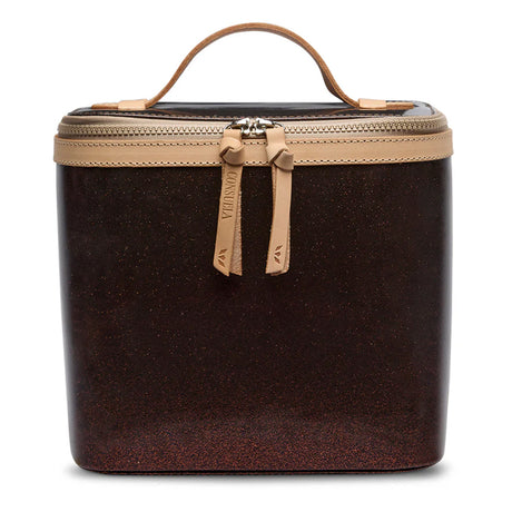 Brown travel case with beige zipper and handle on a white background