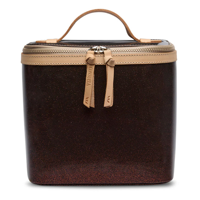 Brown travel case with beige zipper and handle on a white background
