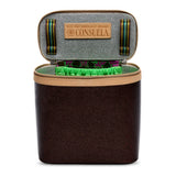 Brown leather case with green interior and Consuela branding on a white background
