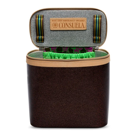 Brown leather case with green interior and Consuela branding on a white background