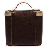 Brown leather travel case with tan handle on a white background
