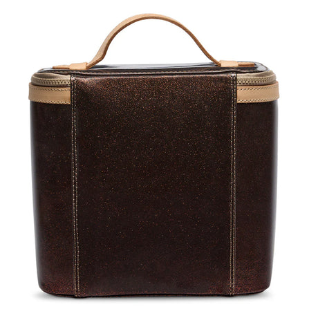 Brown leather travel case with tan handle on a white background