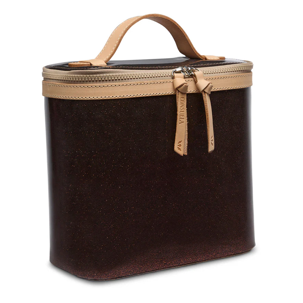 Brown travel case with beige handle and zipper on a white background