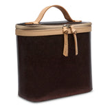 Brown travel case with beige handle and zipper on a white background