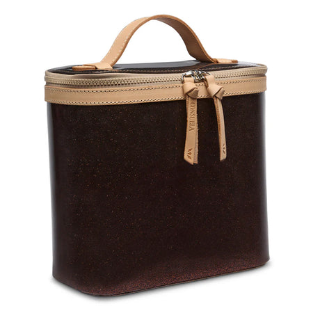 Brown travel case with beige handle and zipper on a white background