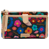 Colorful floral-patterned wallet with beige accents on a white background