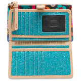 Multicolored floral-patterned wallet with turquoise interior pocket and motivational text.