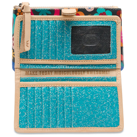 Multicolored floral-patterned wallet with turquoise interior pocket and motivational text.
