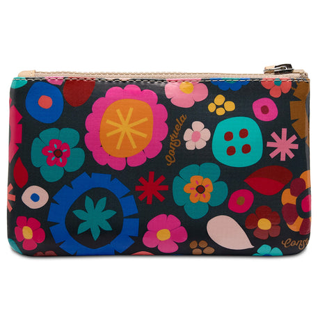 Colorful floral-patterned wallet with a visible brand logo on a white background