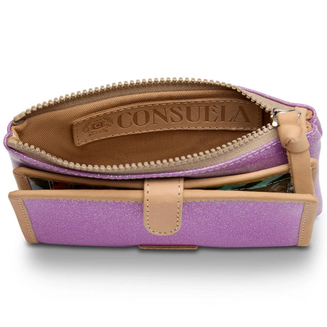 Purple handbag with beige accents and 'Consuela' branding on a white background