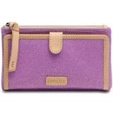 Purple glittery wallet with beige accents and 'Consuela' branding on a white background