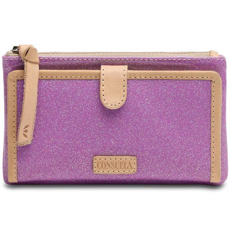 Purple glittery wallet with beige accents and 'Consuela' branding on a white background