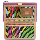 Colorful zebra print wallet with motivational quote on a white background