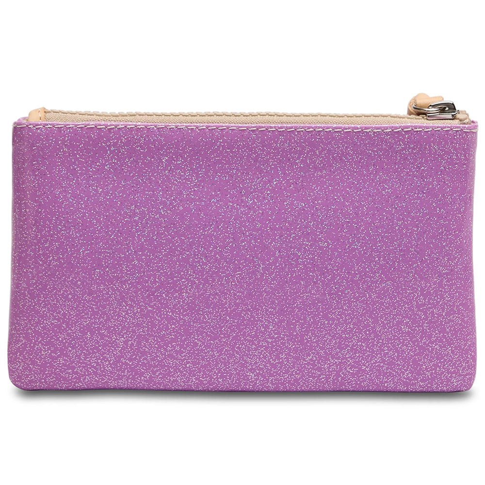 Purple glittery pouch with a gold zipper on a white background