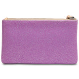 Purple glittery pouch with a gold zipper on a white background