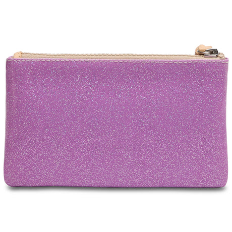 Purple glittery pouch with a gold zipper on a white background