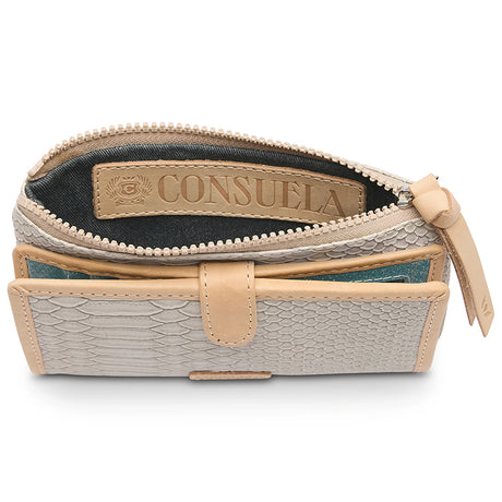 Open beige and gray handbag with 'Consuela' branding on a white background