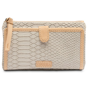 Beige textured wallet with tan accents on a white background