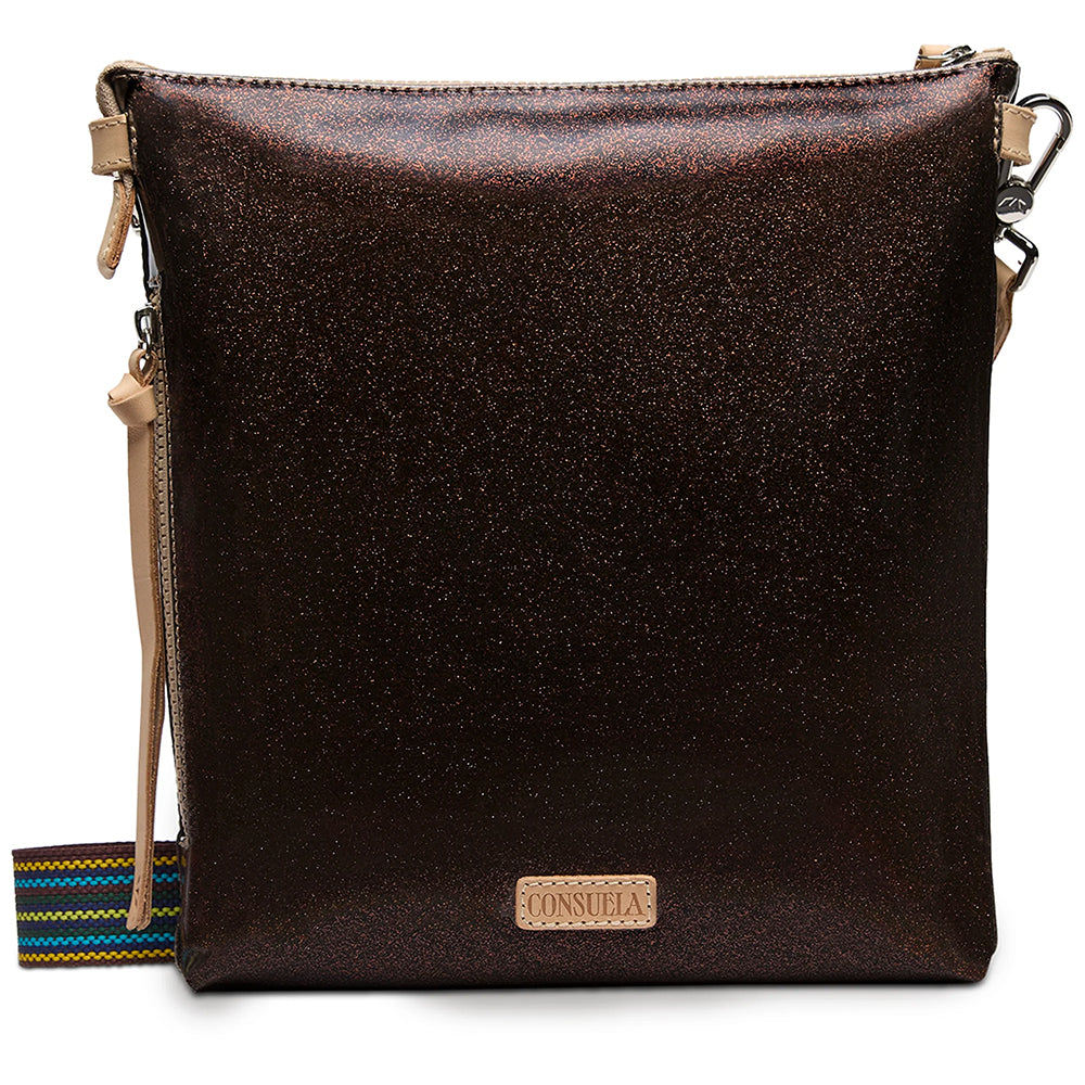 Brown leather pouch with visible brand name on a white background