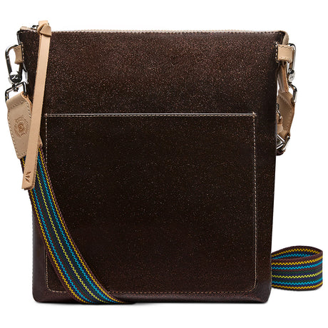 Brown leather crossbody bag with a colorful strap on a white background