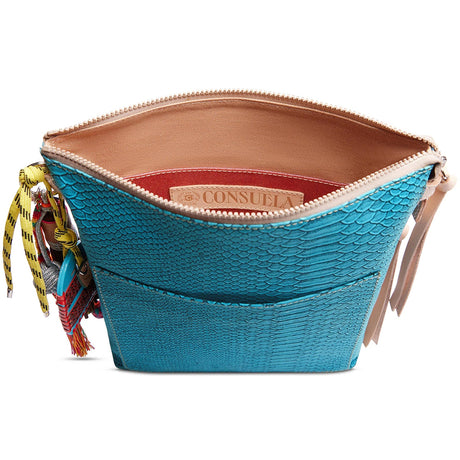 Blue textured handbag with colorful tassels on a white background