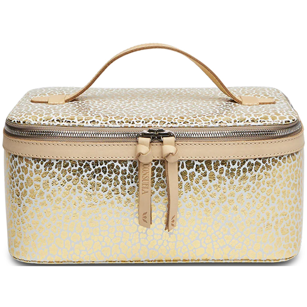 Cosmetic case with gold floral pattern on a white background