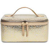 Cosmetic case with gold floral pattern on a white background