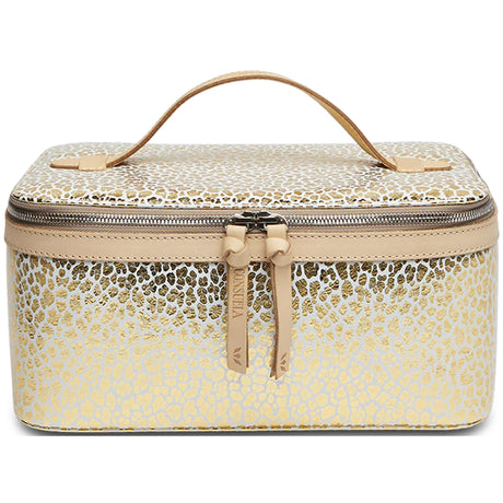 Cosmetic case with gold floral pattern on a white background