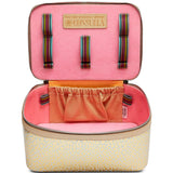 Pink and beige cosmetic bag with colorful straps and a visible 'Consuela' brand label.