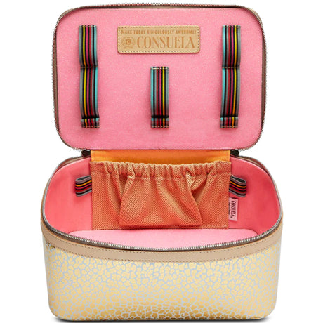 Pink and beige cosmetic bag with colorful straps and a visible 'Consuela' brand label.
