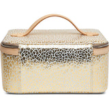 Leopard print makeup case with beige handle on a white background